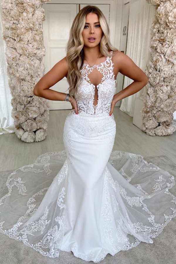 Stylish Long Mermaid Spaghetti-Straps Satin Backless Wedding Dress with Lace