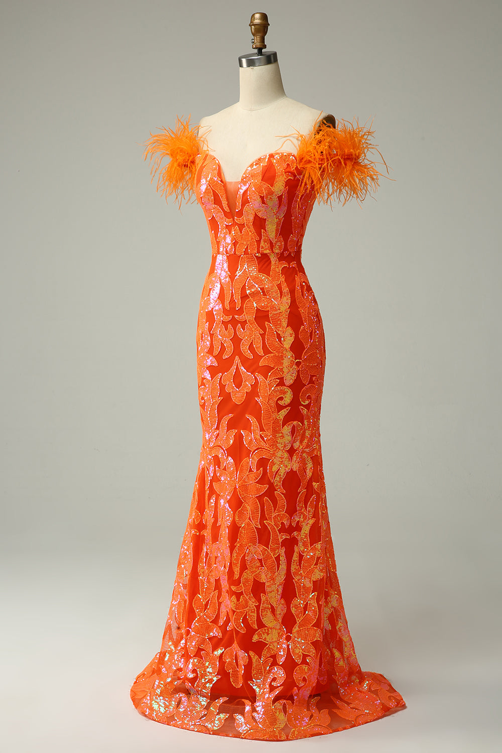 Orange Long Prom Dress with Feathers in a Mermaid Off-the-Shoulder Style
