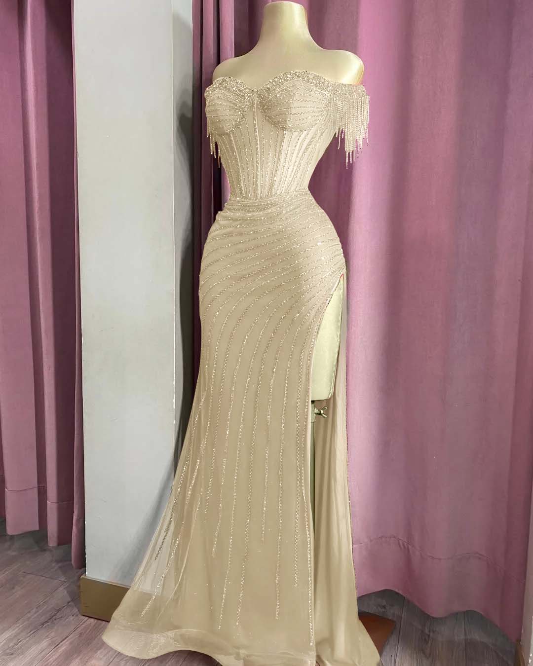 Off the Shoulder Sleeveless Long Split Formal Dress With Beading