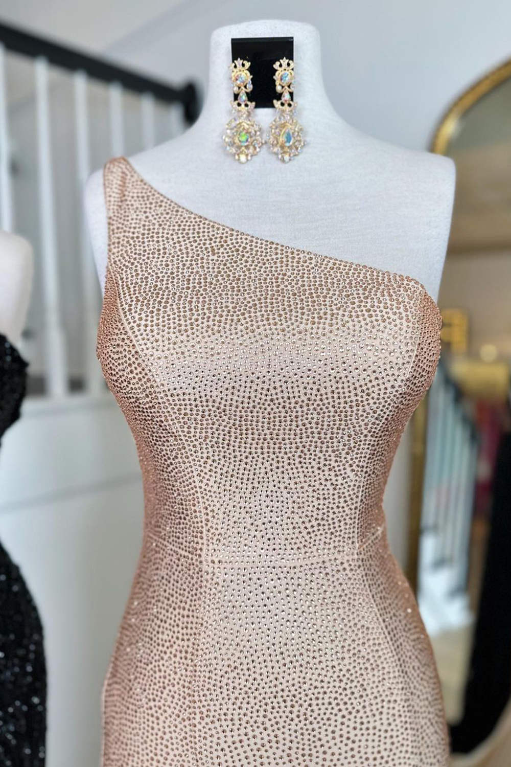 Champagne One-Shoulder Beaded Prom Dress with Mermaid Silhouette and Slit
