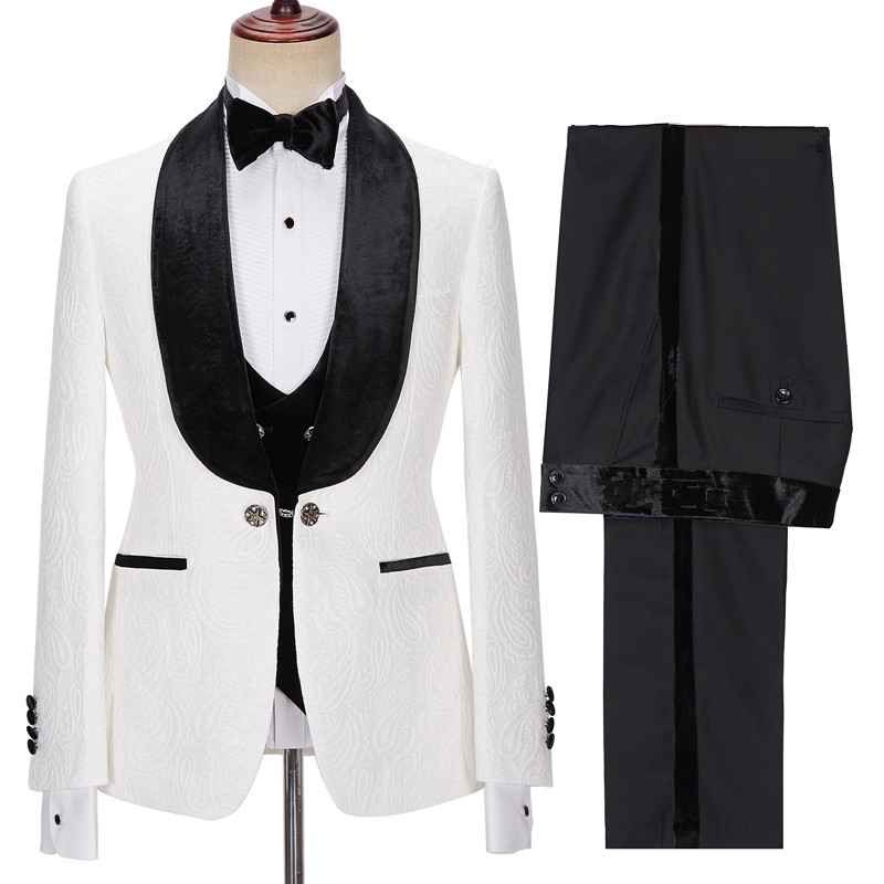 New Arrival White Jacquard Three-Piece with Velvet Lapel Wedding Men's Suits
