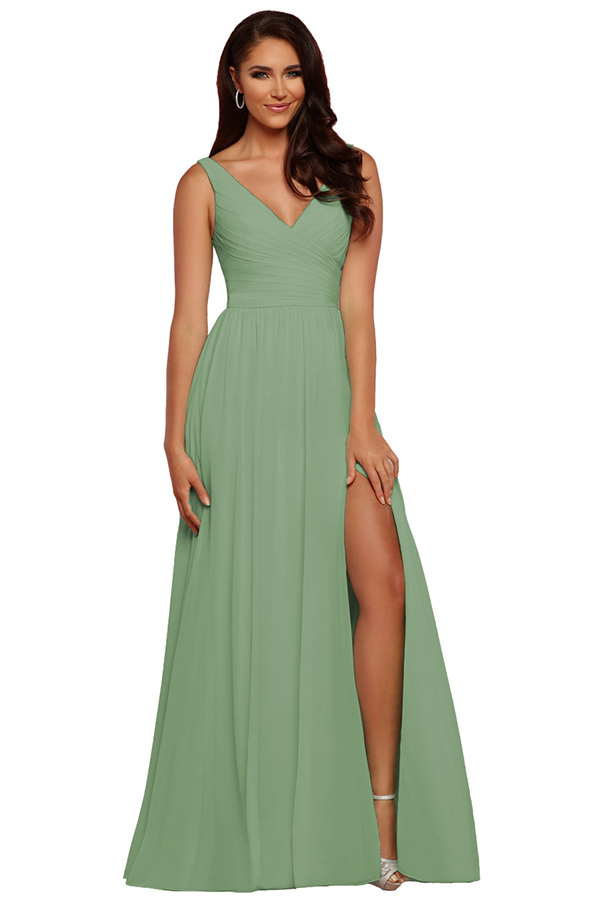 Sleeveless V-Neck Bridesmaid Dress with Split