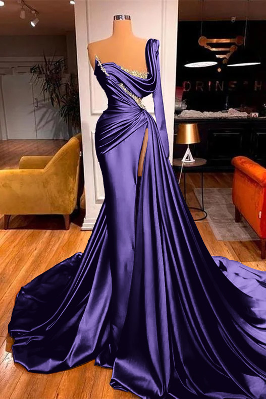 Purple Long Sleeves One-Shoulder Mermaid Beadings Evening Dress Split