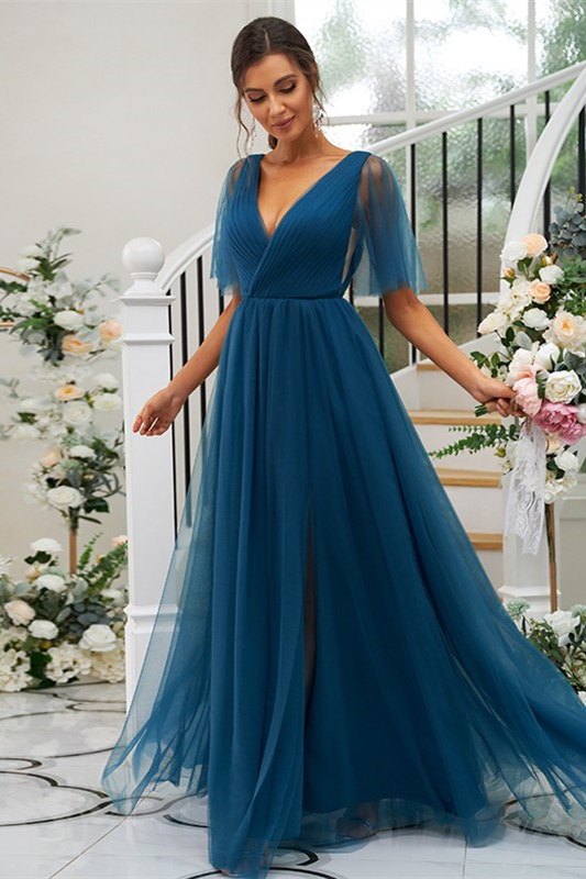 Ink Blue Bridesmaid V-Neck Dress with Slit