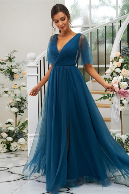 Ink Blue Bridesmaid V-Neck Dress with Slit