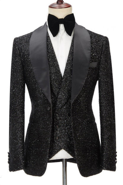 Gorgeous Sparkly Black Three-Piece Shawl Lapel Bespoke Wedding Suit for Men