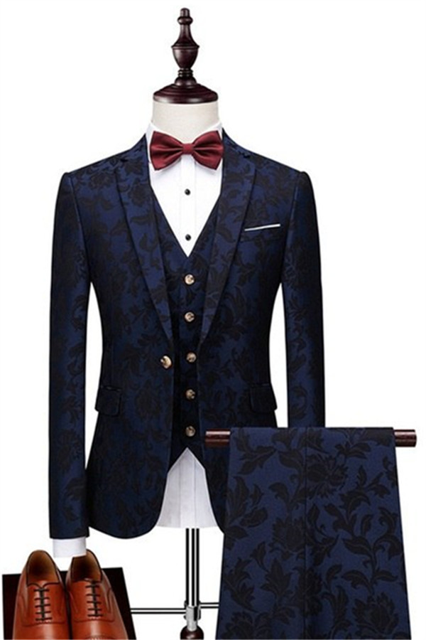 High-Quality Navy Blue Tuxedo Jacquard Groomsmen Outfits with Three Pieces
