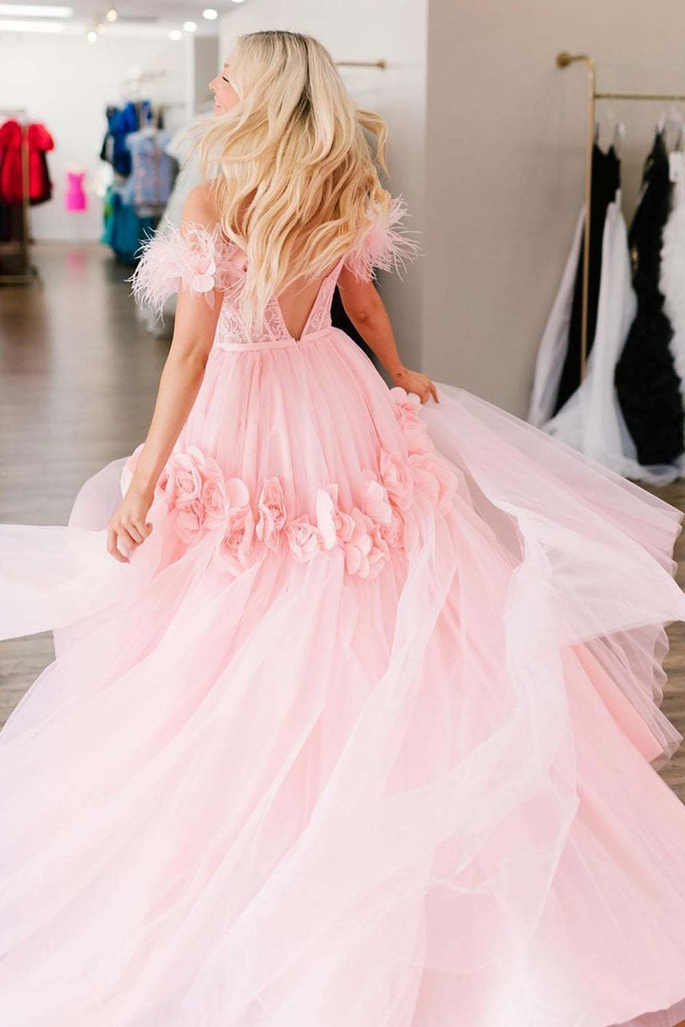 Pink Off-the-Shoulder Princess A-Line Corset Prom Dress with Feather
