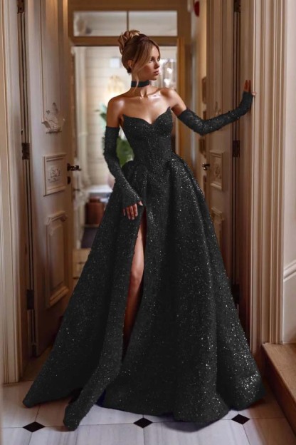 Strapless Sleeveless Long Split Formal Dress With Sequins Detachable sleeves