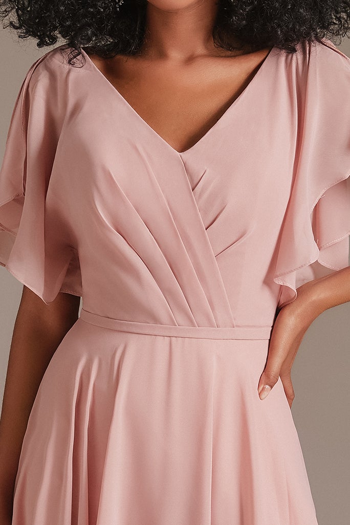 Pink Chiffon Ruffles Sleeves Bridesmaid Dress