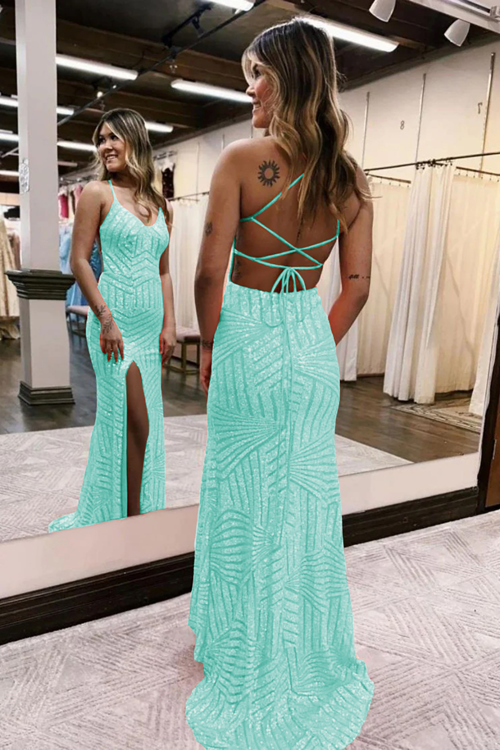 Long Orange Sequined Prom Dress with Criss Cross Back and Sheath Spaghetti Straps