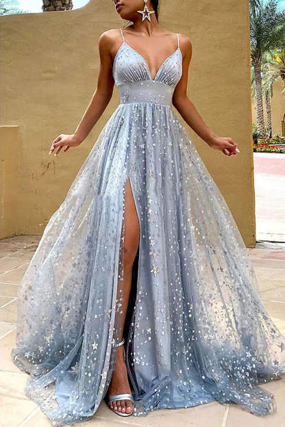 A-line Prom Dress in Grey Tulle Featuring a Slit
