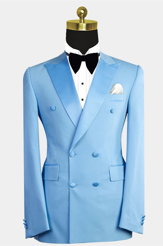 Blue Double-Breasted Wedding Suit for Men with Peaked Lapel