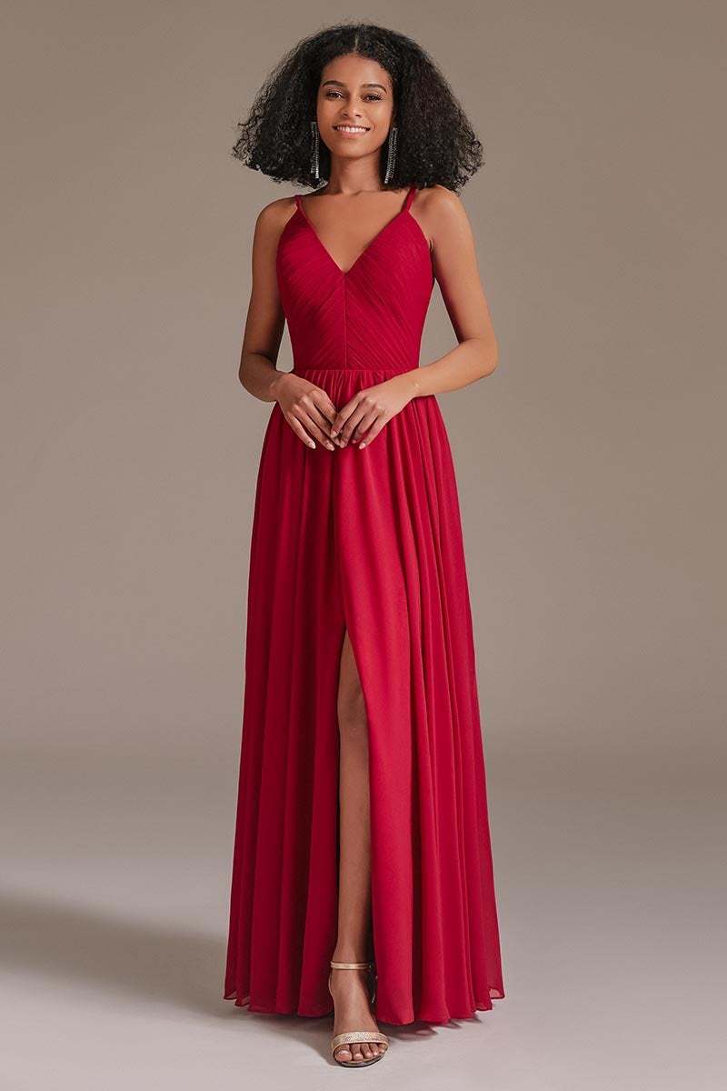 V-Neck Red Bridesmaid Dress with Split