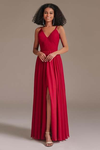 V-Neck Red Bridesmaid Dress with Split