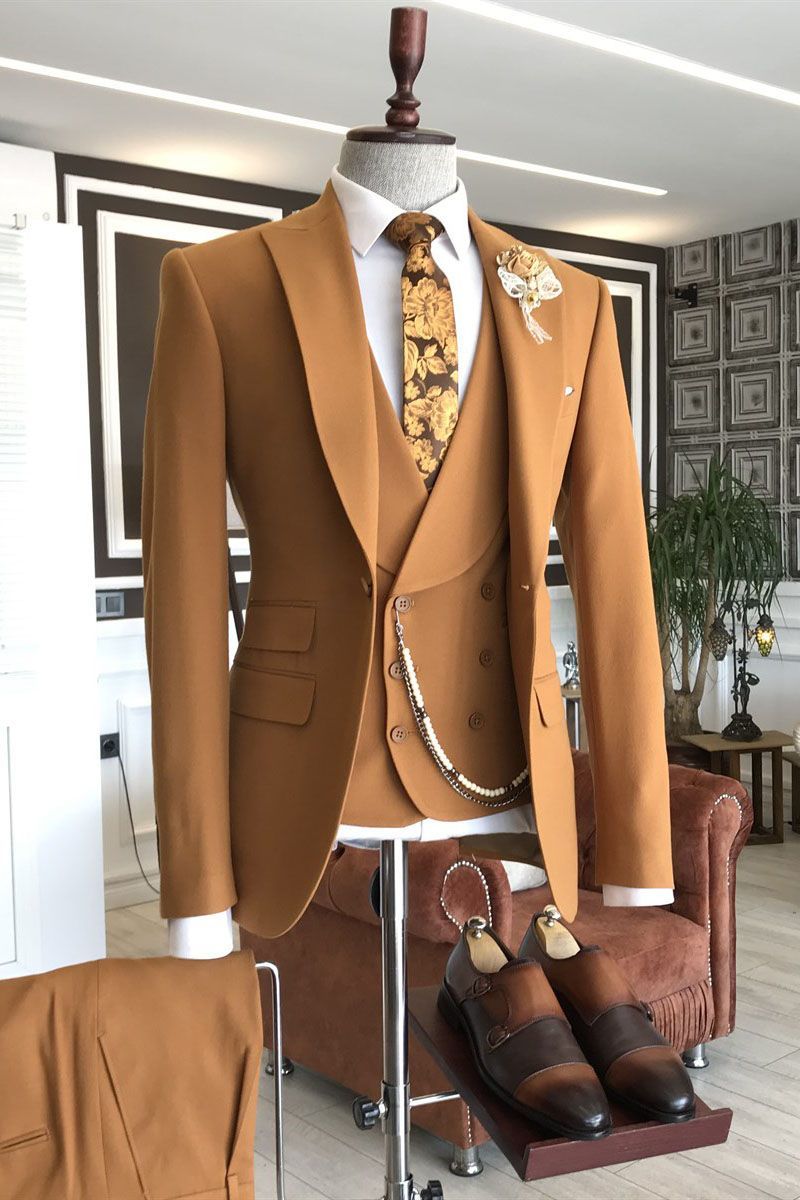 Elegant Orange Peaked Lapel Prom Outfits Men with Double-Breasted