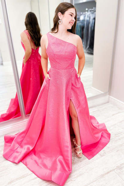 Satin A-Line Prom Dress in Pink with One Shoulder and Pockets