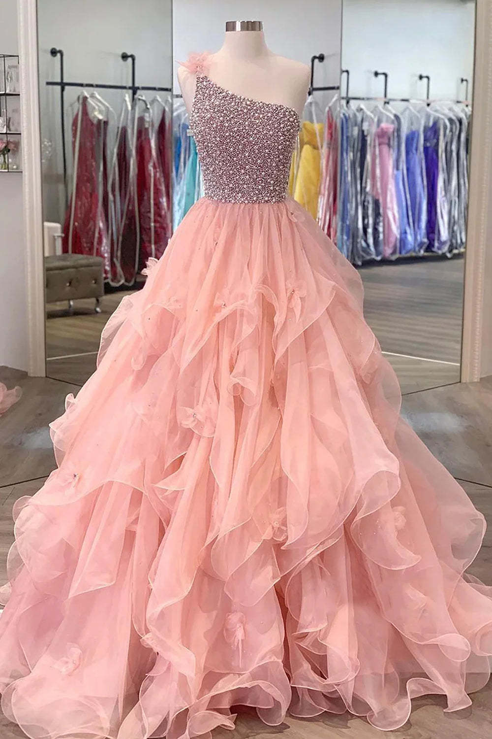Pink Long Prom Dress with Beading Ruffles and One Shoulder A-Line Design
