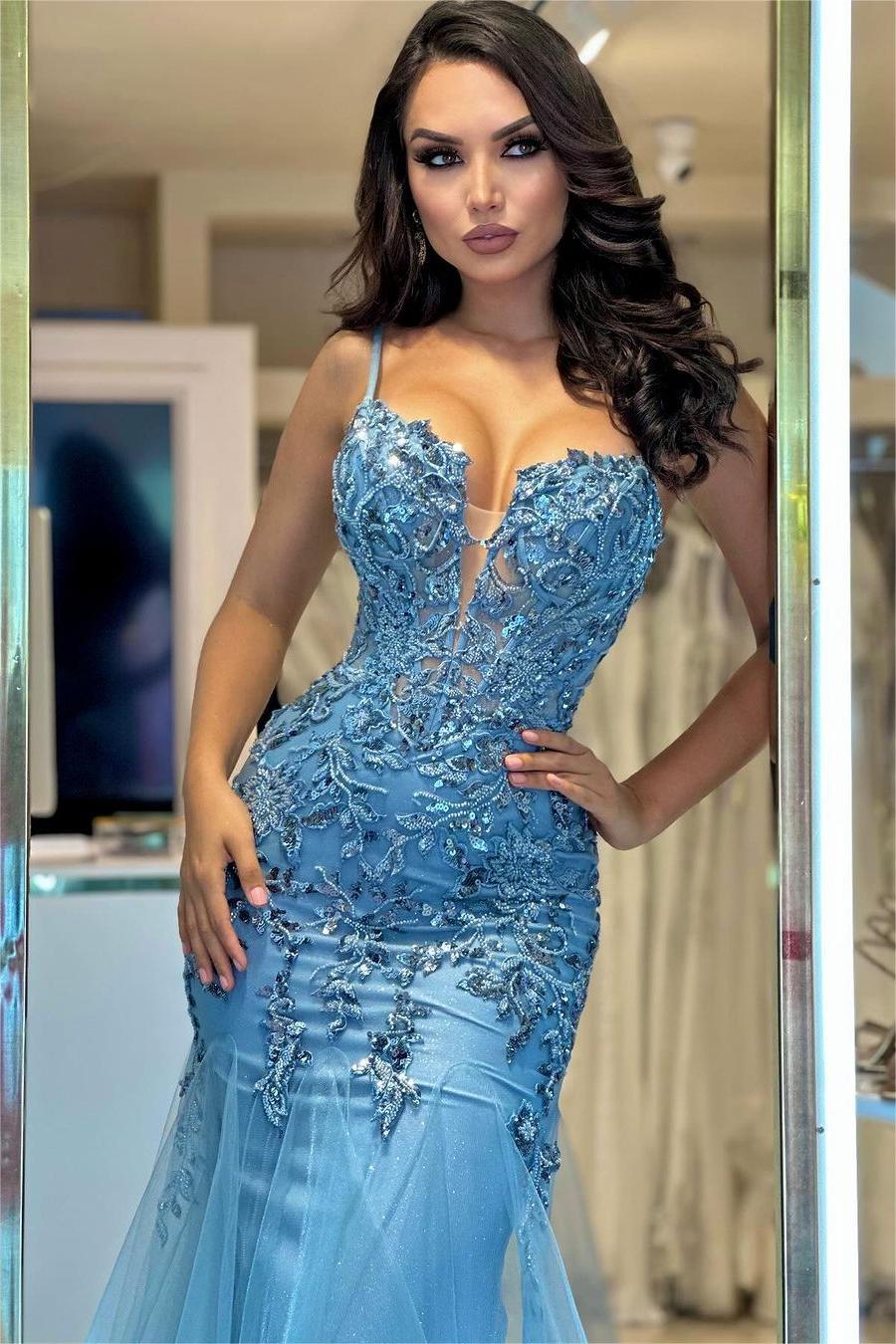 Stunning Tulle Spaghetti Strap Sleeveless Long Formal Dress With Embroidery