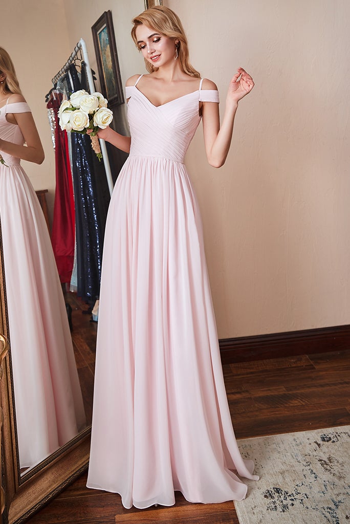Pink Blushing Off-the-Shoulder Bridesmaid Dress