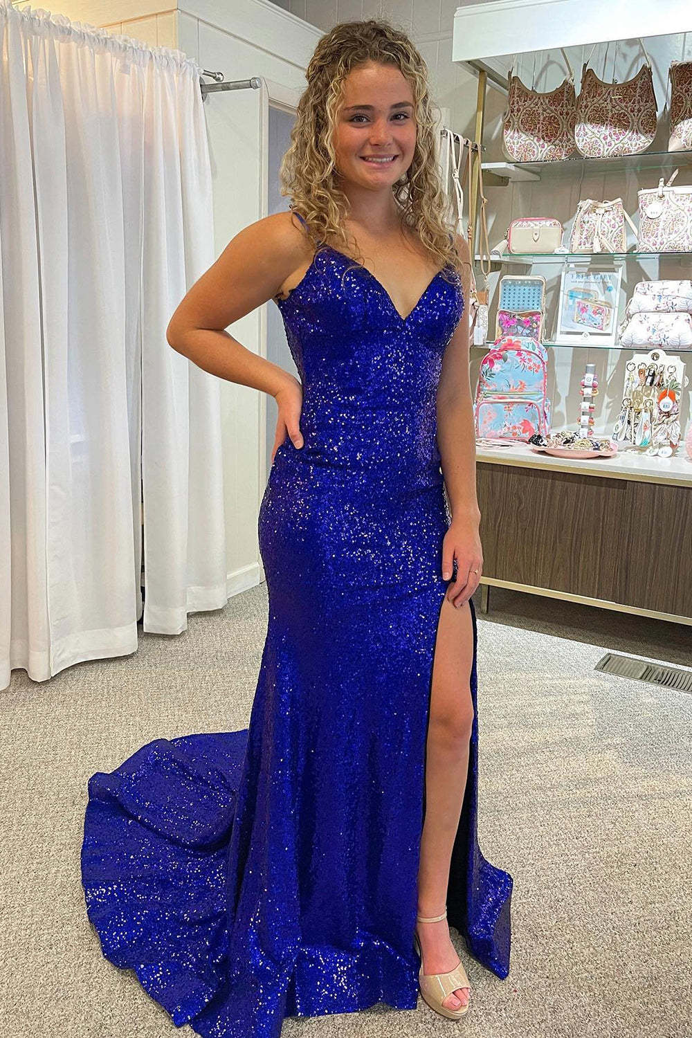 Royal Blue Sequined Long Prom Dress with Mermaid Spaghetti Straps and Front Split