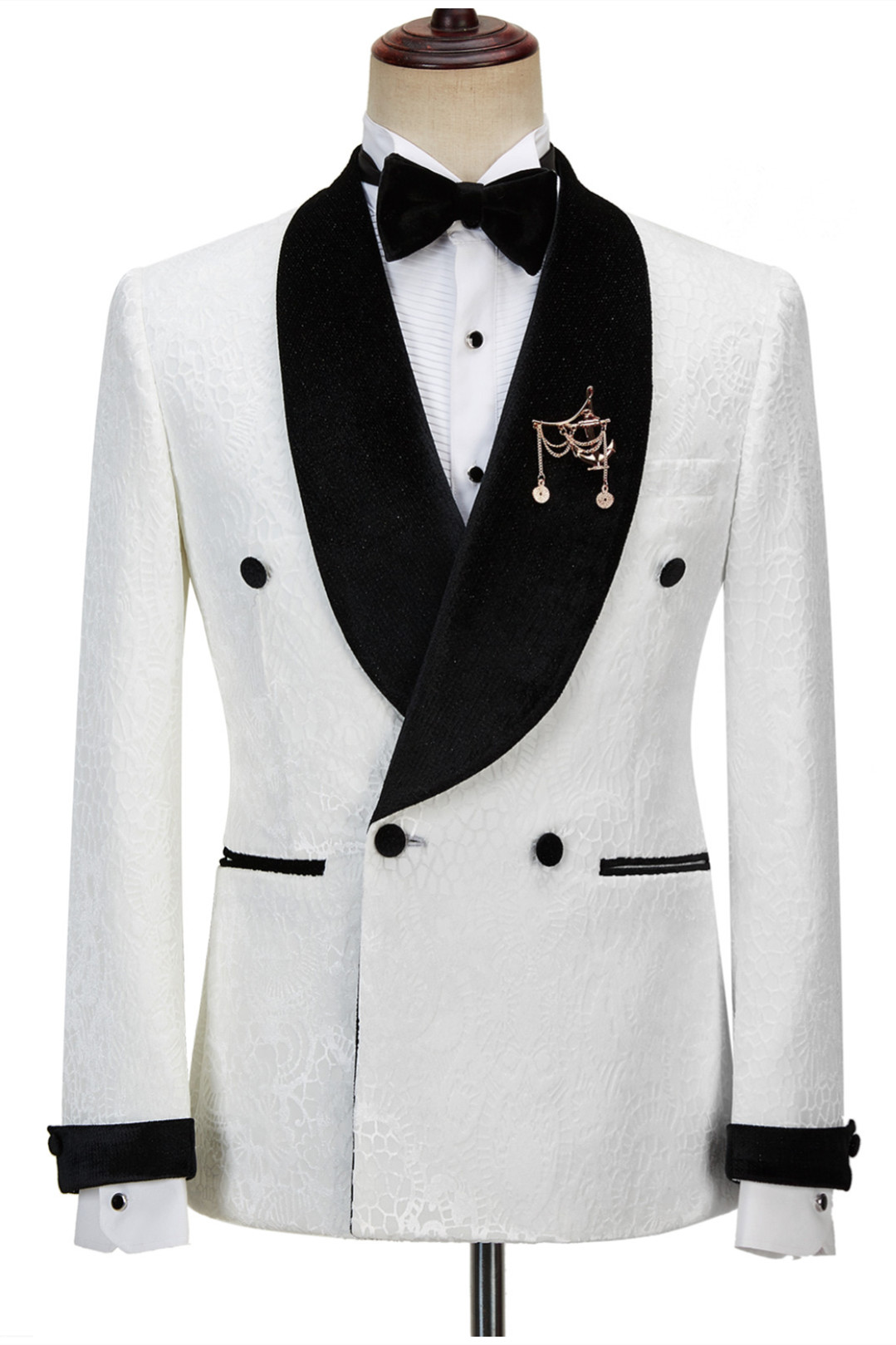 Chic Double-Breasted Sparkle Shawl Lapel Jacquard White Wedding Suits