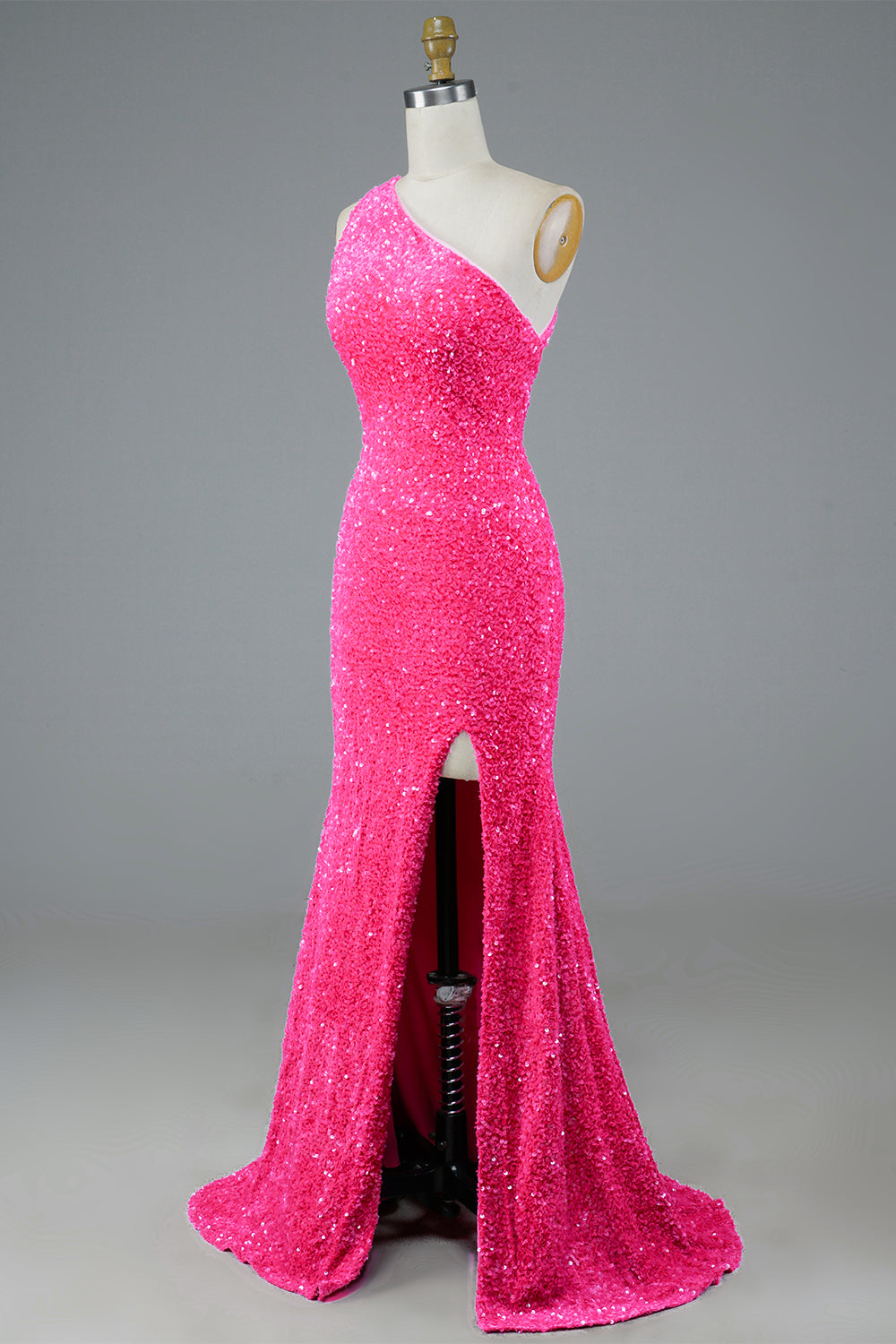 Long Prom Dress in Fuchsia with Sequin Details and Slit