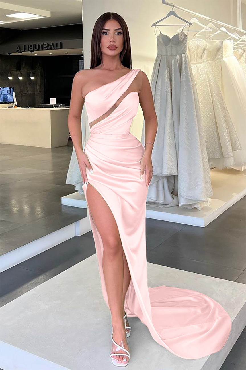 Light Green One-Shoulder Long Sleeveless Slit Evening Dress