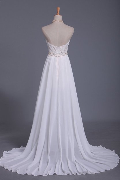 Gorgeous Chiffon A-Line Floor-Length Backless Halter Wedding Dress with Ruffles Pearl Lace