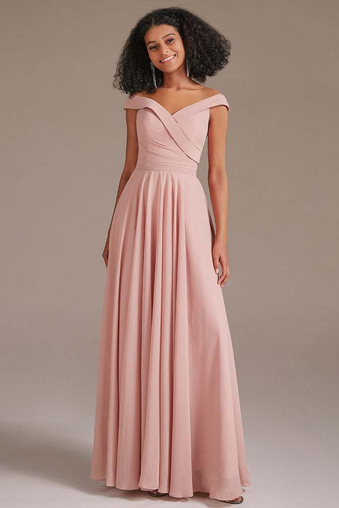 Off-the-Shoulder Pink Bridesmaid Dress with Pockets
