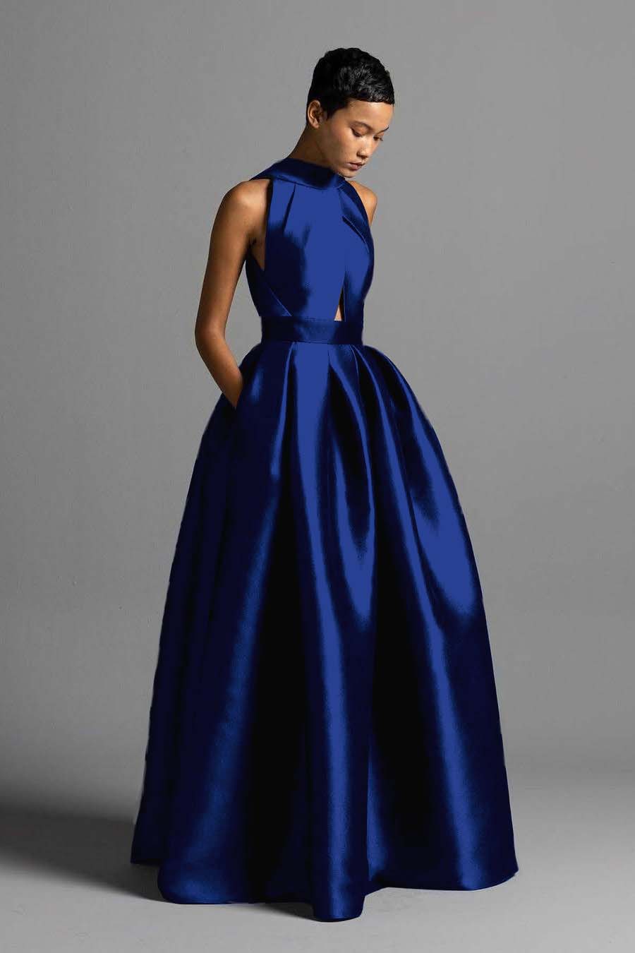 Halter Sleeveless High Waist Long Formal Dress With Pocket Pleated