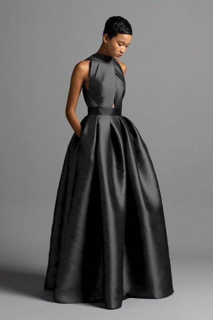 Halter Sleeveless High Waist Long Formal Dress With Pocket Pleated