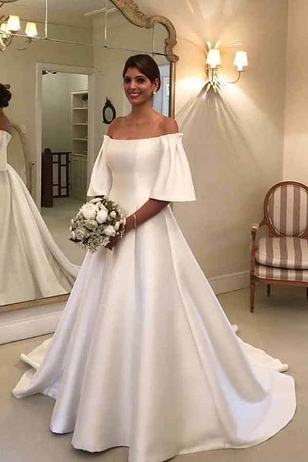 Classic Off-the-Shoulder A-Line Short Sleeves Wedding Dress with Satin Ruffles Train