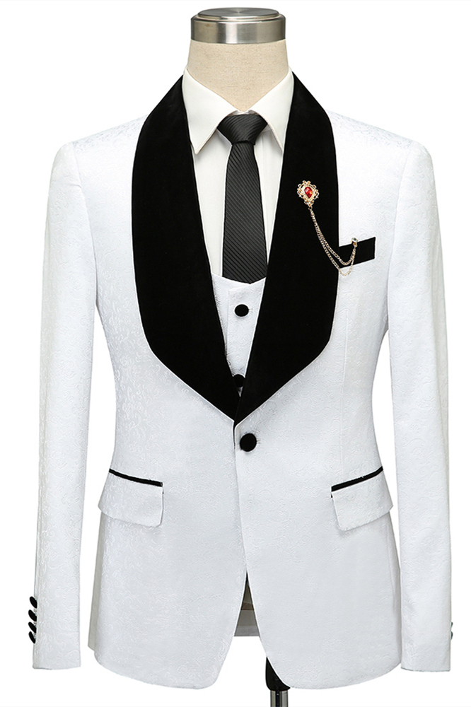 Classic One-Button Black Lapel Wedding Tuxedo with White Jacquard