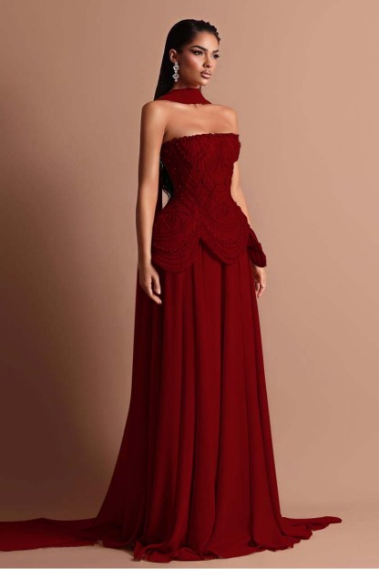 Strapless Sleeveless Long Formal Dress With Beading Pleated Wrap