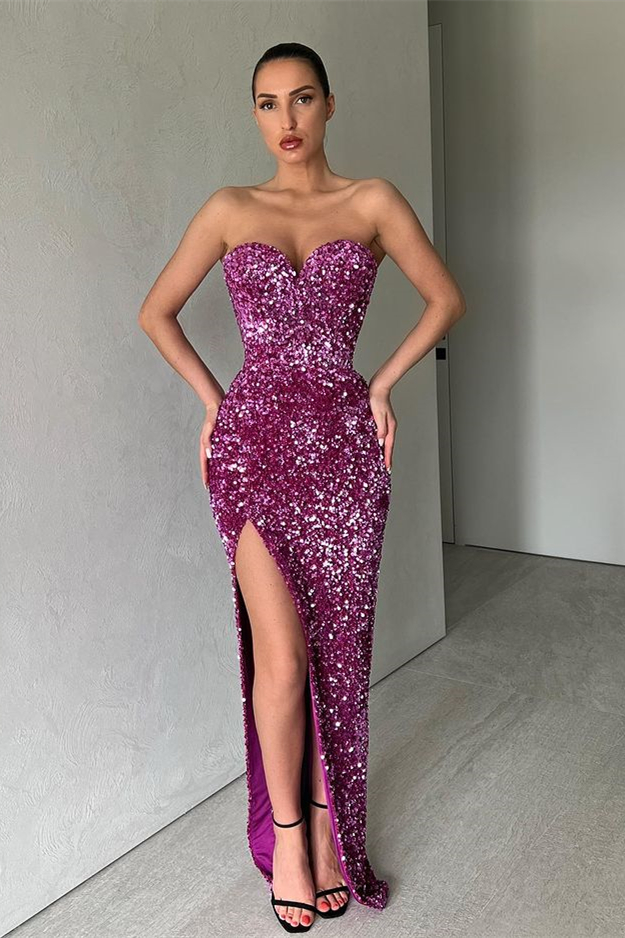 Purple Sweetheart Mermaid Sequins Evening Dress With Split