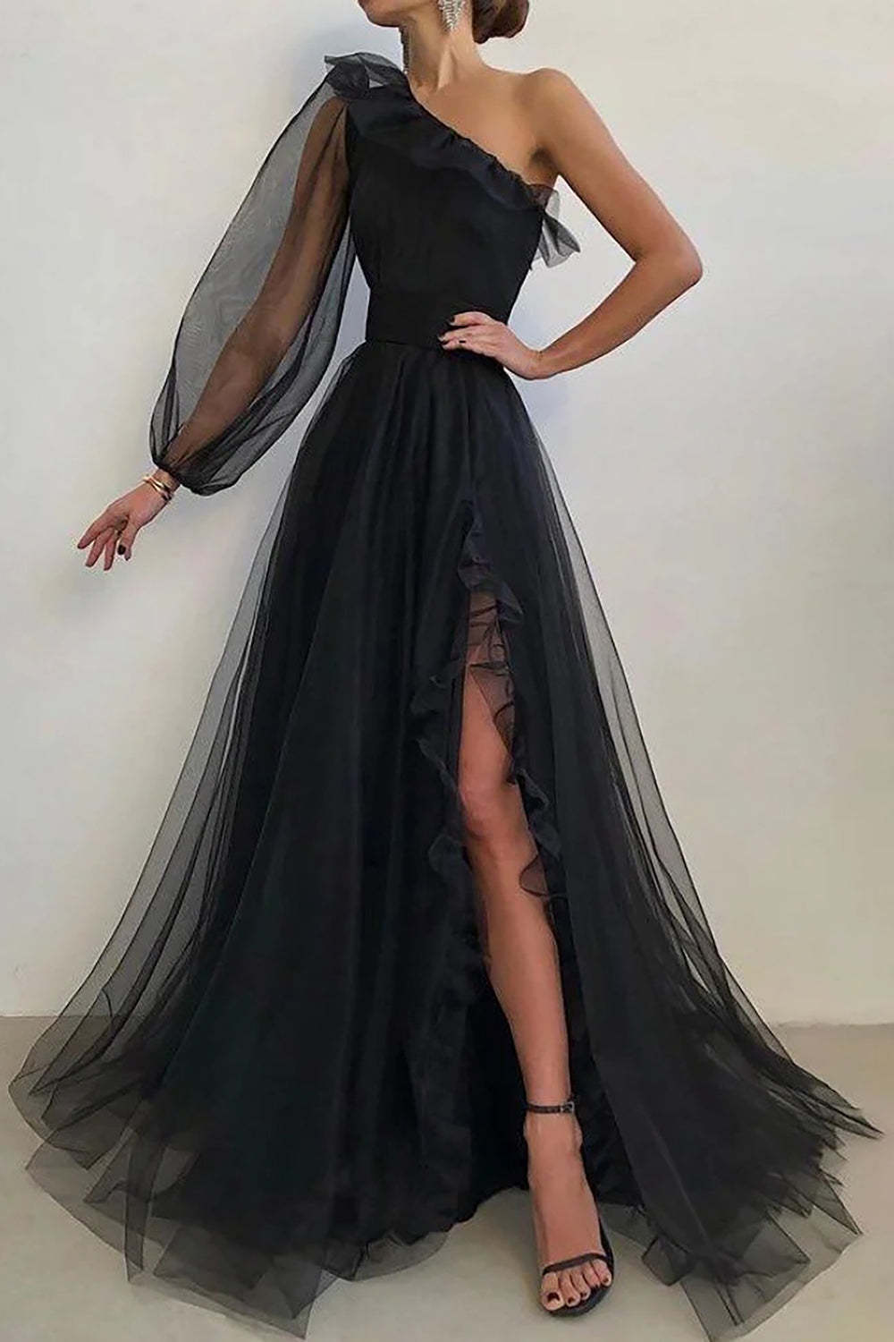 Black One Shoulder A-Line Long Sleeve Prom Gown