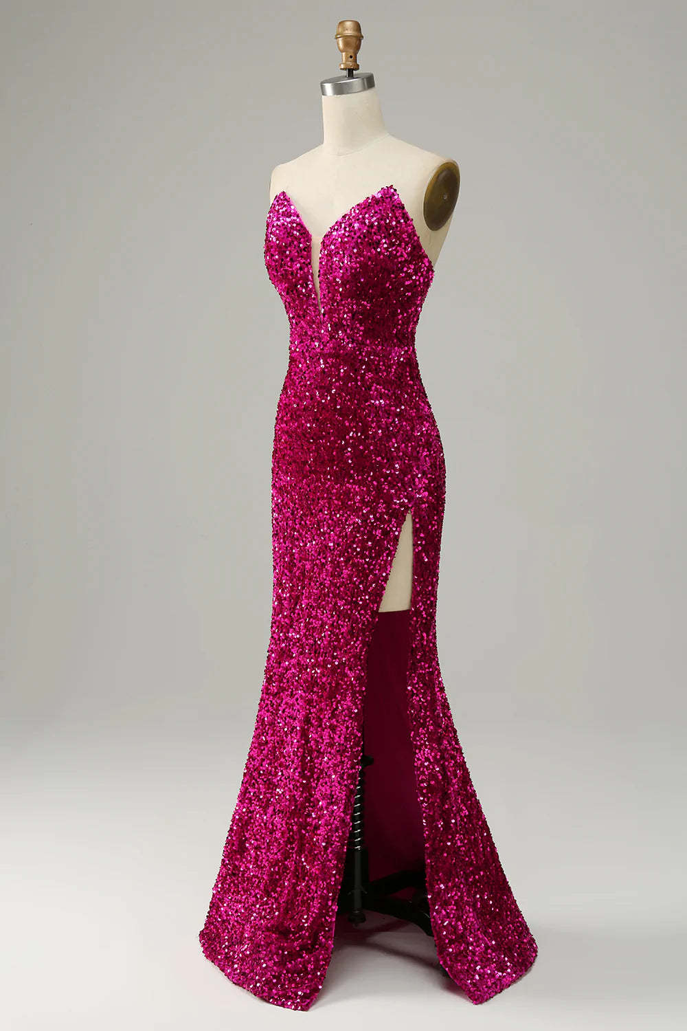 Strapless Sequin Prom Dress in Hot Pink Featuring a Slit