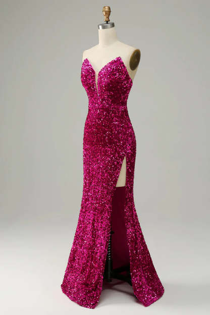 Strapless Sequin Prom Dress in Hot Pink Featuring a Slit
