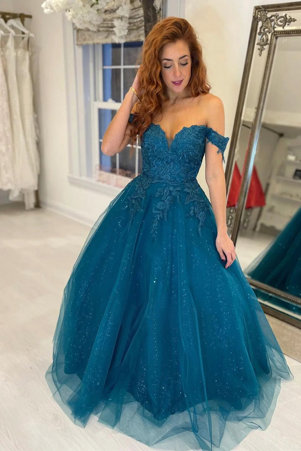 Long Peacock Blue Prom Dress with Appliques in an Off-the-Shoulder A-Line Style
