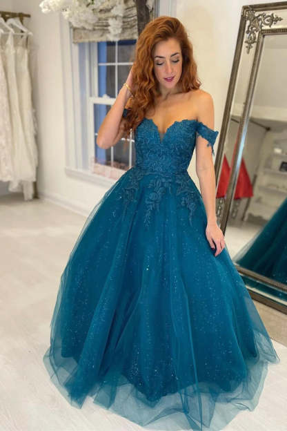 Long Peacock Blue Prom Dress with Appliques in an Off-the-Shoulder A-Line Style