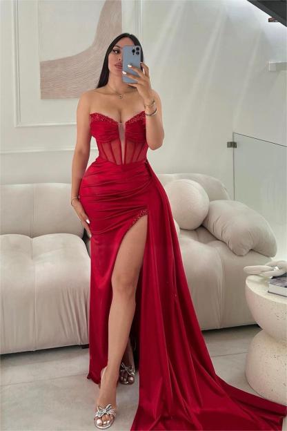Glamorous Red Strapless Sleeveless Pleated Long Split Formal Dress With Sequins