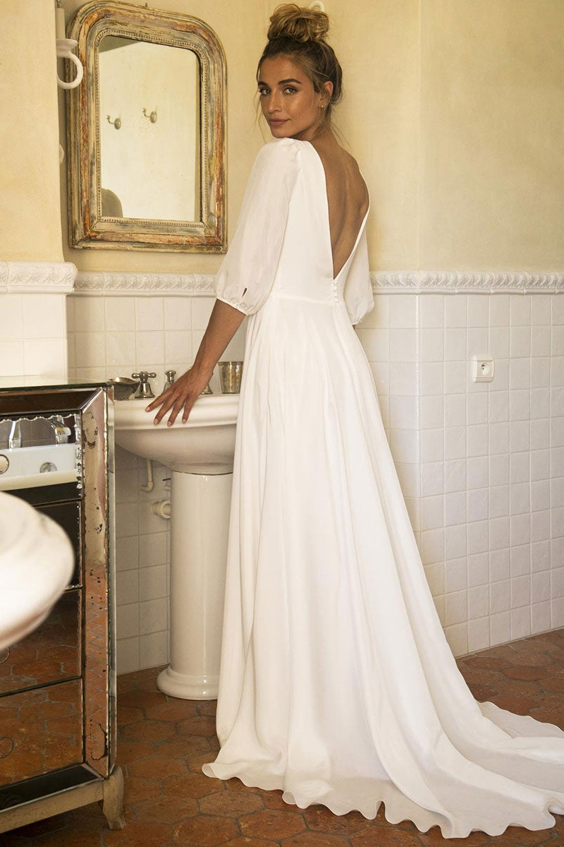 Half Sleeves Wedding Dress V-Neck