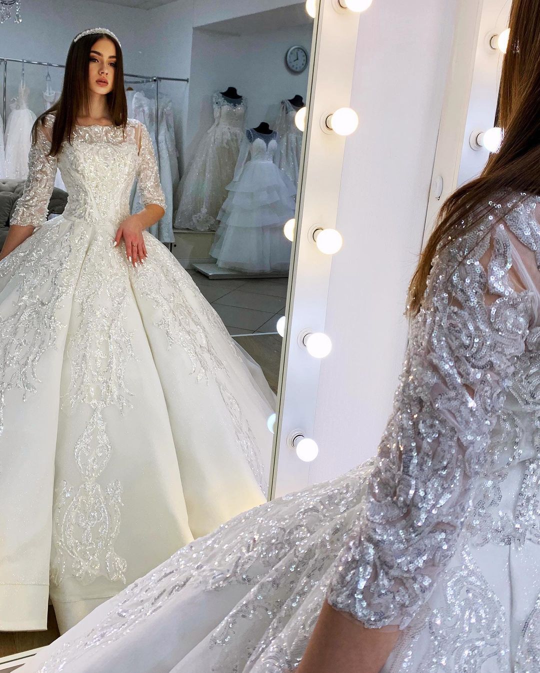 Classy Floor-Length Satin Princess Bateau Wedding Dress Long Sleeves with Appliques Lace