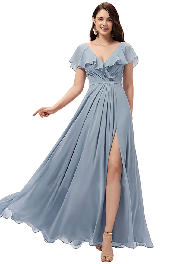 Chiffon Ruffles Bridesmaid Dress with Split