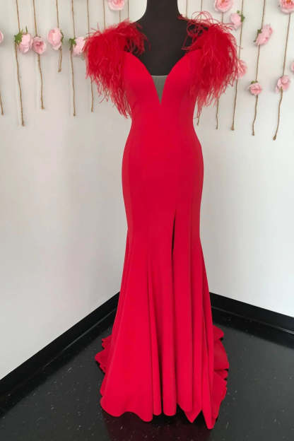Red V-Neck Mermaid Prom Dress Adorned with Feathers