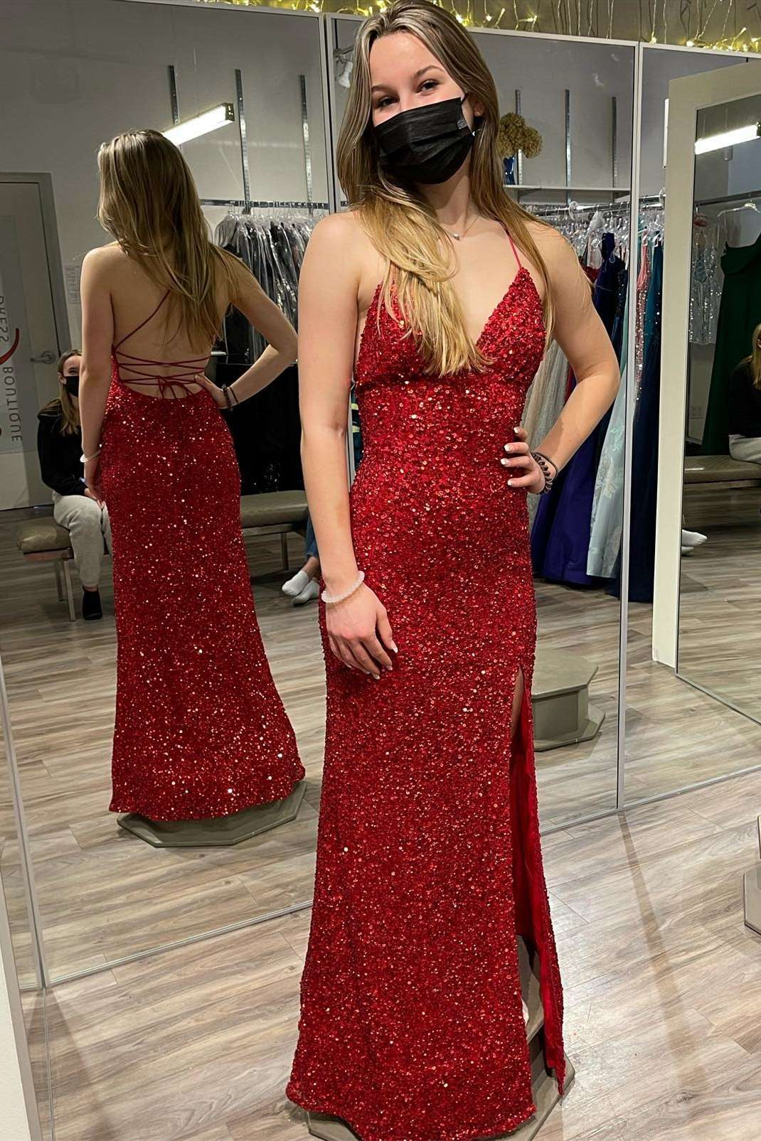 Sexy Spaghetti Strap V-Neck Slit Sequins Mermaid Prom Dress With Chic Back