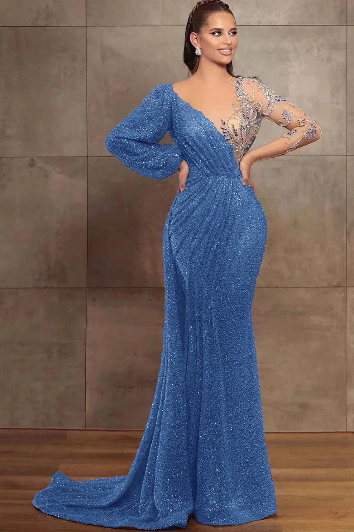 Gorgeous V-Neck Mermaid Evening Dress Long Sleeves With Sequins Beads