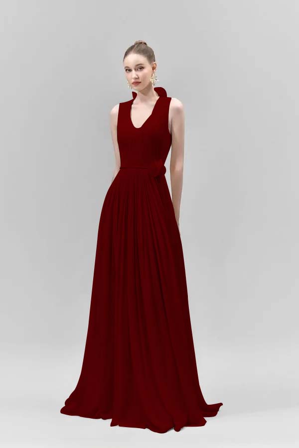 Chic Sleeveless Straps V Neck Long Formal Dress With Pleated Belt