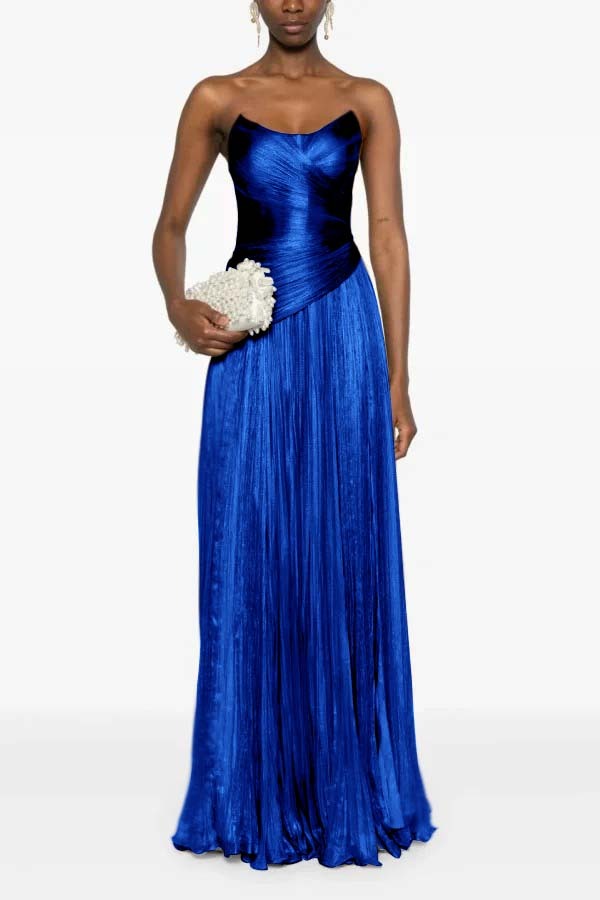 Chic Strapless Sleeveless Long Formal Dress With Ruffles Pleated